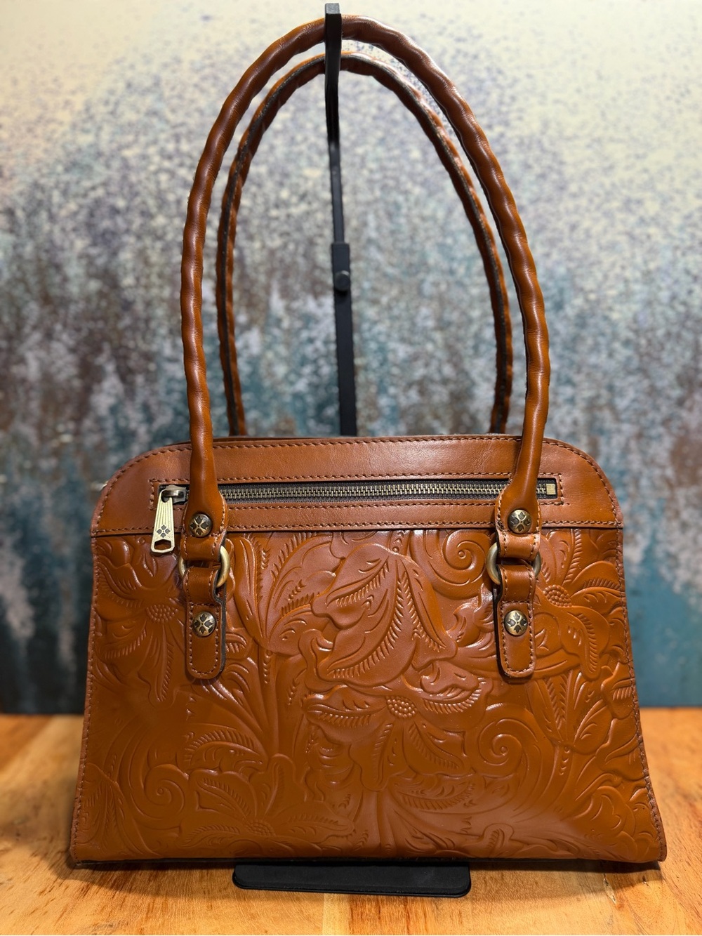 Patricia Nash Western 2010s Calvi Cognac Tooled Leather Satchel - Picture 8 of 14